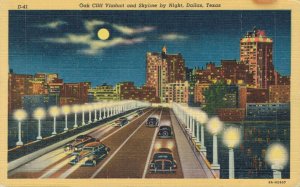 USA Oak Cliff Viaduct and Skyline by Night Dallas Texas Linen Postcard 03.34