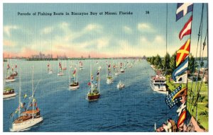 Parade of Fishing Boats at Biscayne Bay Miami, Florida Postcard. Posted 1940