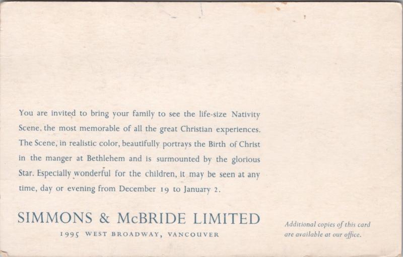 Simmons & McBride Advert Vancouver BC Funeral Home Nativity Scene Postcard E27