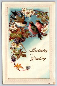 Flowers~Birds On White Blossom Twig Circle~Gold~GEL~c1910 Vintage Postcard