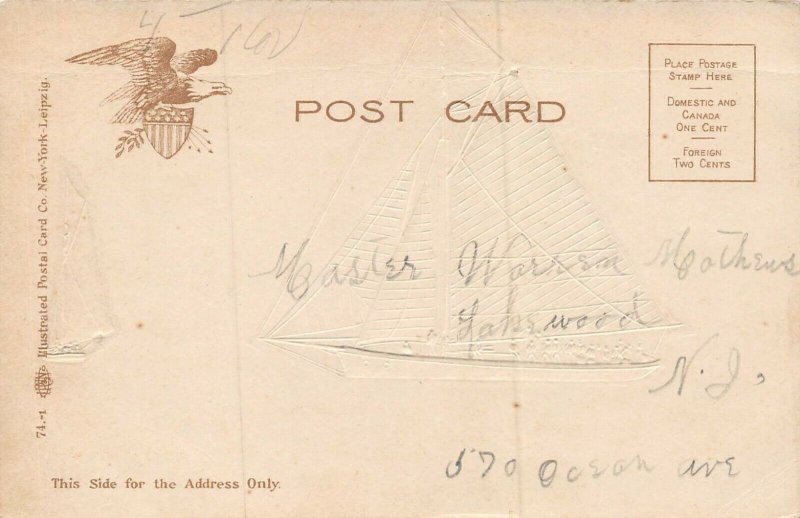 PEOPLE ON SAILBOAT WITH SILK SAILS~1900s POSTCARD