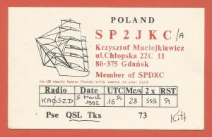 QSL AMATEUR RADIO CARD – GDANSK, POLAND – 1992 – SHIP DESIGN