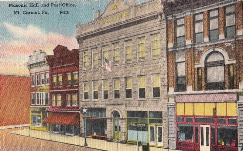 Postcard Masonic Hall + Post Office Mt Carmel PA