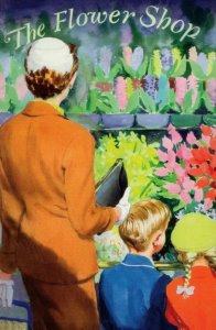 Family Shopping Trip To 1950s Flower Shop Ladybird Painting Postcard