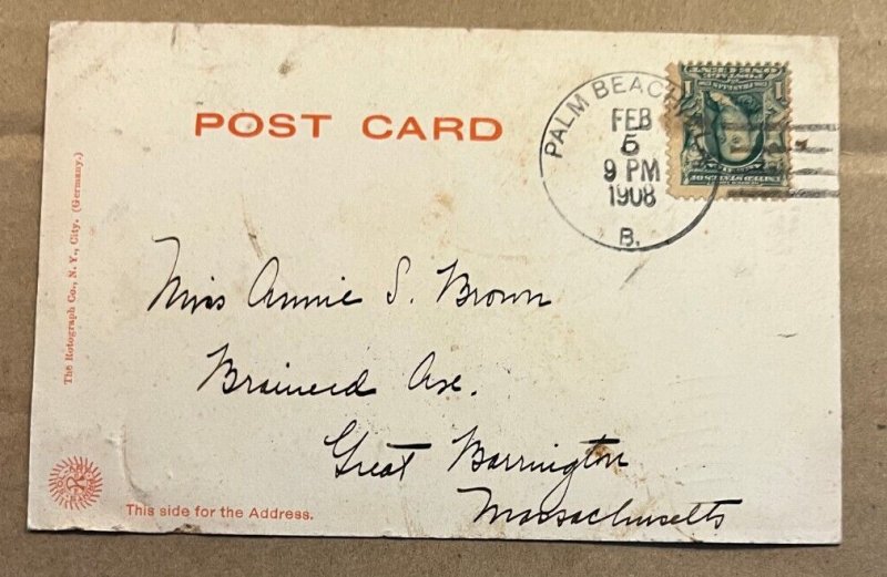 VINTAGE .01 POSTCARD - 1908 USED c1905 - LAKE FRONT, PALM BEACH, FLA.