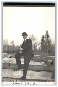 1913 Man Sat On Fence Terry Montana Mt RPPC Photo Posted Antique Postcard