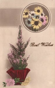 Vintage Postcard 1910's Best Wishes Greetings Beautiful Flowers with Vase Blooms