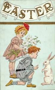 Circa 1910 Lovely Embossed Kids With Lillies Talking To White Rabbit Easter P1