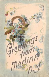 NY, New York  MEDINA Greetings EMBOSSED FLOWERS & Glitter  c1910's Postcard
