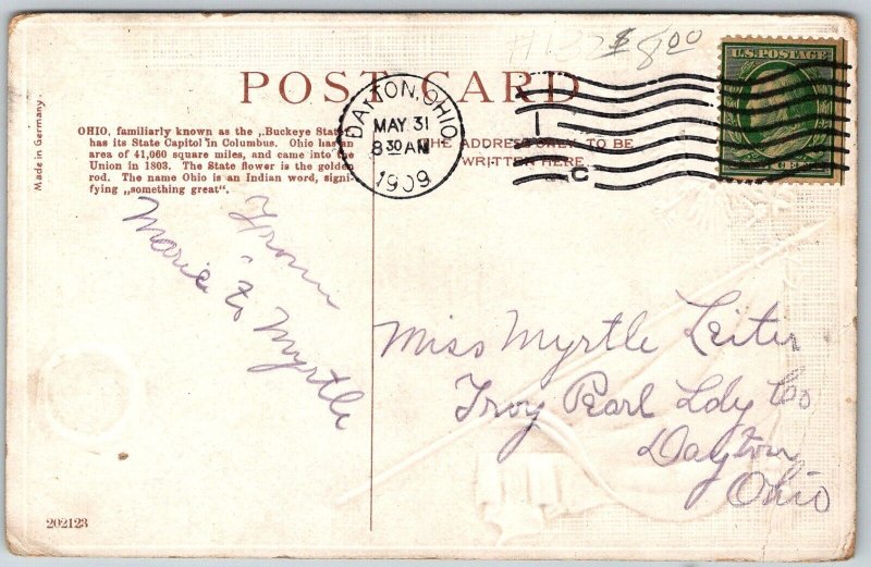 Columbus Ohio 1909 Embossed Postcard Ohio State Capitol Flag Eagle Shield