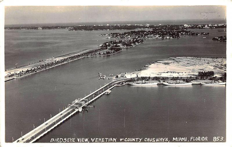 Miami FL Birdseye View Causeways Before Development RPPC Postcard