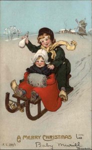 Christmas Dutch Children Sledding Muff Embossed Rotograph c1900s-20s Postcard