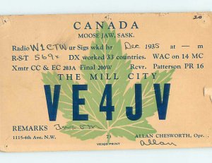 1930s QSL RADIO CARD Moose Jaw Saskatchewan SK AH3237