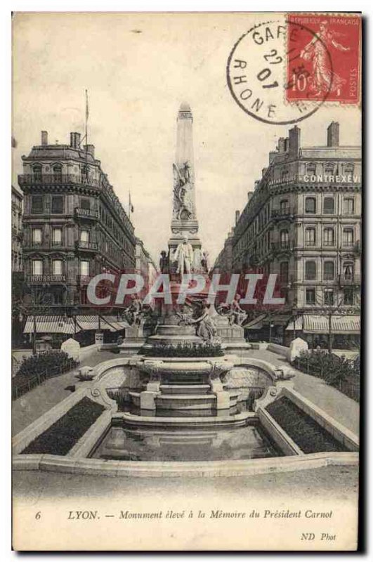 Old Postcard Lyon high Monument to the Memory of President Carnot