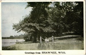 Greetings from Shawnee WY Boys Posing Near Fence c1931 Vintage Postcard F45