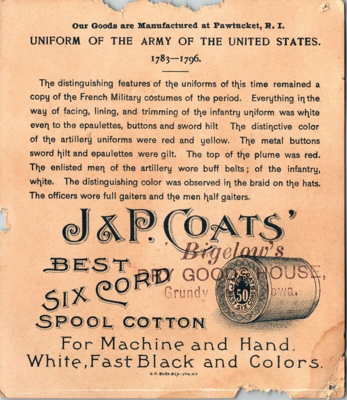  Trade Card J&P COATS SPOOL COTTON, ARMY UNIFORMS 1796 , SOLDIERS  