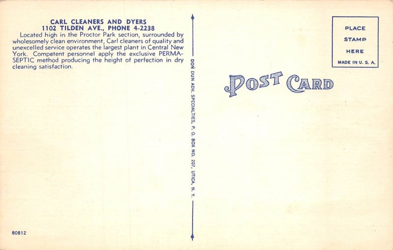 Utica New York Carl Cleaners & Dyers, Color Linen Vintage Postcard U7180