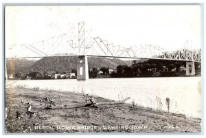 1941 Black Hawk Bridge Town River View Lansing Iowa IA RPPC Photo Postcard