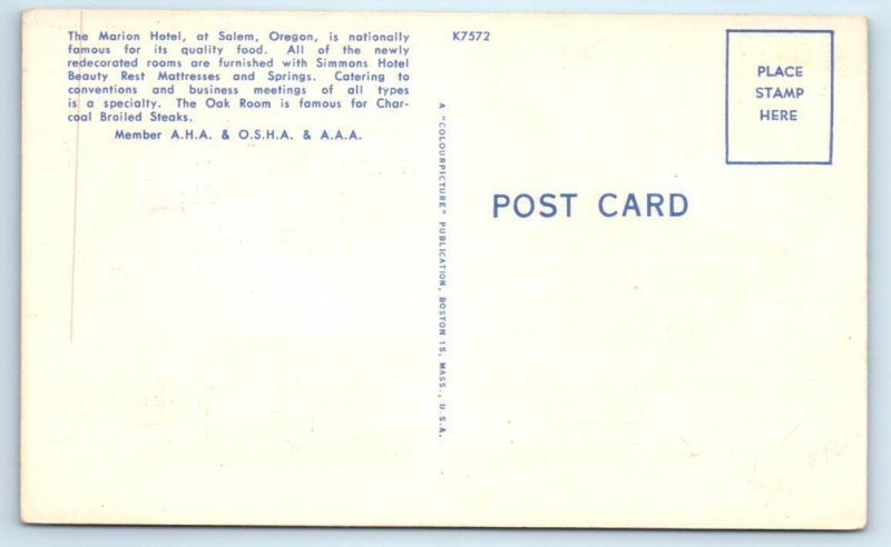 SALEM, Oregon OR ~ Roadside MARION HOTEL c1940s Linen Postcard