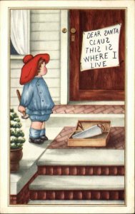 Christmas Little Boy Leaves Note on Door for Santa Vintage Postcard