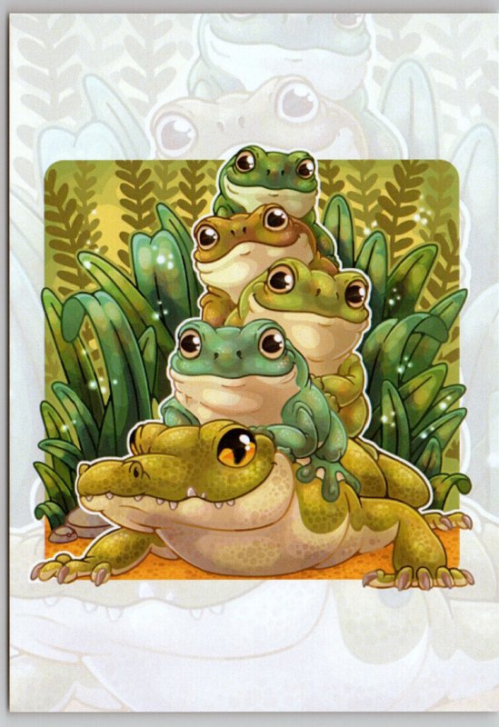 CROCODILE and FROGS Caiman Croco Taxi FUNNY ART Russian New Postcard