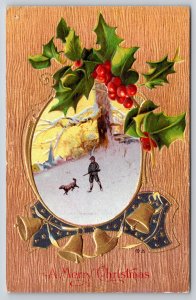 Christmas~Boy Hunter With Rifle & Dog~Gold Bell Art Nouveau~Emb~NASH #43~Vtg PC