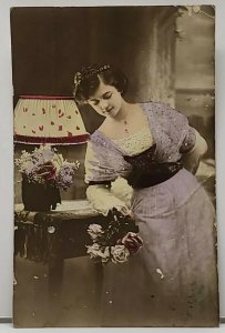 RPPC Lovely Edwardian Era Woman Hand Colored Photo 1915 Derby UK Postcard H16