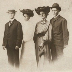 Vintage 1900's RPPC Postcard Studio Portrait Two Couples in Nice Hats Blank Back