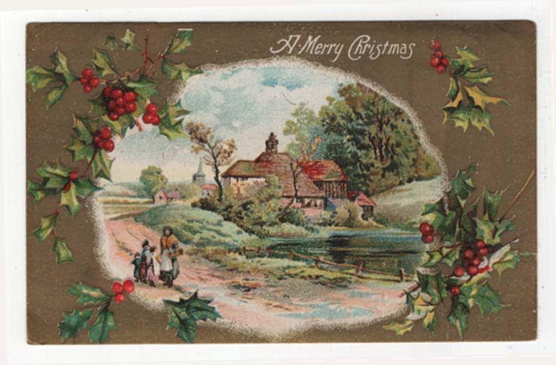 Vintage Christmas Greetings PC,  Mother & Children Walking a Country Path, 1910