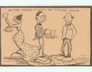 Unused Pre-1907 comic MEN STEP ON TRAIN OF WOMAN'S DRESS k3141