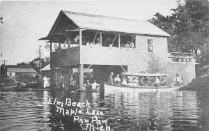 J59/ Paw Paw Michigan RPPC Postcard c1910 Elm Beach Maple Lake Boat 233