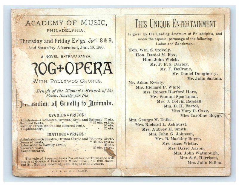 1880 Engraved Academy Of Music Program Folder Frog Opera Smiling Moon 3M