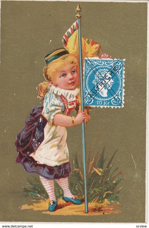 Trade Card (TC): Stamp & Girl carrying Flag , 1880-90s ; Austria-Hungary