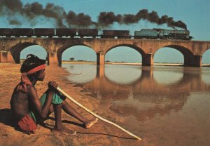 Steam Train at Bengal Ganges India Lancashire Cattle Boy Postcard