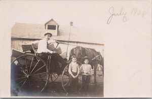 Man & Two Boys Horse & Wagon Unknown Location c1908 Real Photo Postcard G89