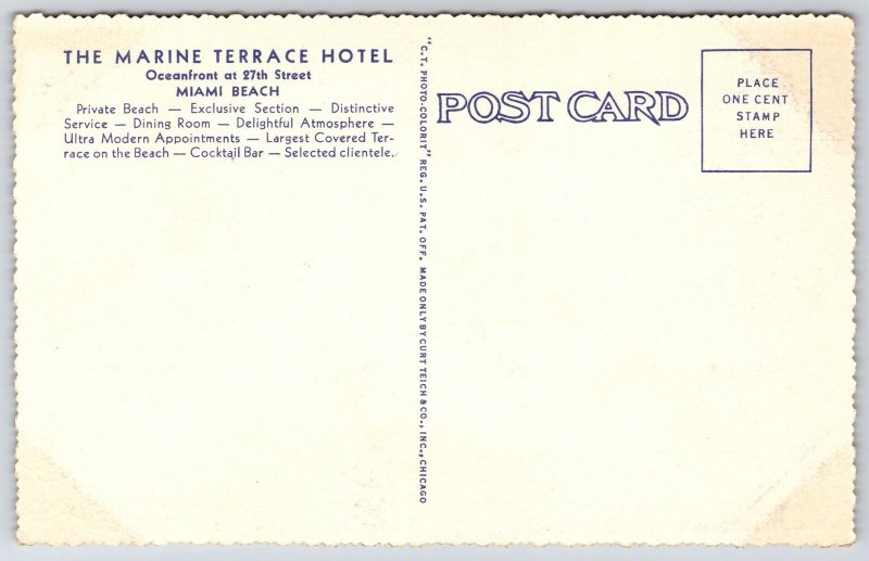 Vintage Postcard Marine Terrace Hotel Building Ocean Miami Beach Florida FL