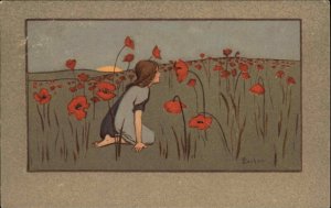 Barham Young Girl Poppy Field Flowers c1910 Vintage Postcard