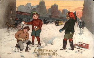 Christmas Boys Snowball Fight City Street El Trains Trolleys c1910 Postcard
