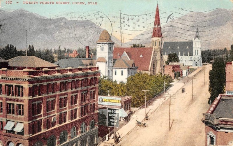 Twenty Fourth Street Scene OGDEN Utah Churches 1907 Vintage Postcard