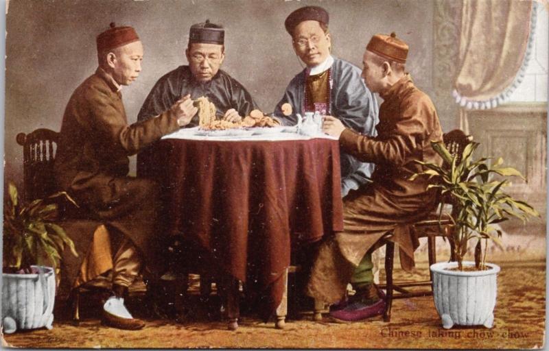 'Chinese Taking Chow Chow' Hong Kong China Men Eating Antique Postcard E17