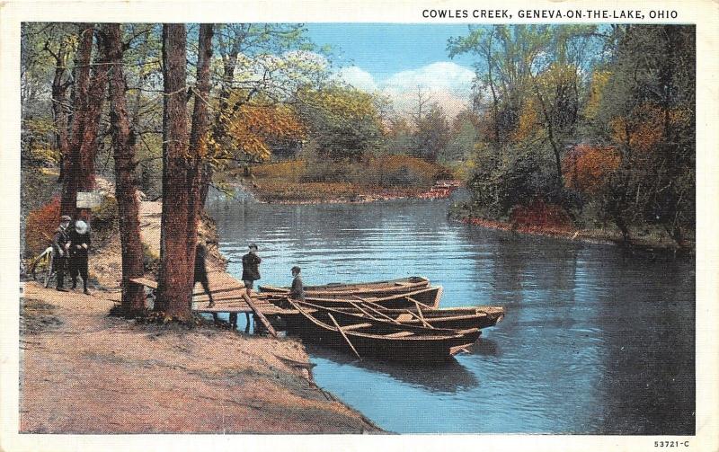 Geneva on the Lake Ohio~Cowles Creek~Boys by Docked Boats~1940s Linen Postcard