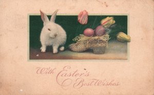 Vintage Postcard 1918 With Easter's Best Wishes Greetings Card White Rabbit Eggs