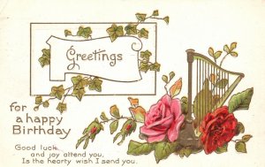 Vintage Postcard 1912 Greetings For A Happy Birthday Golden Leaves Souvenir Card