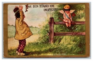 Vintage 1909 Valentines Postcard Cupid Detained Unexpectedly Gold Border NICE