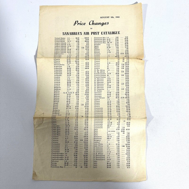 Vintage 1943 Sanabria's Air Post Catalogue Price Changes flyer paper ephemera