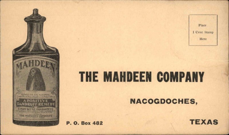 Nacodoches Texas TX MAHDEEN Dandruff Hair Remedy Bottle Postcard c1910