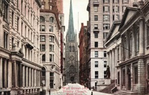 Vintage Postcard 1911 Wall Street and Trinity Church Building New York N.Y.