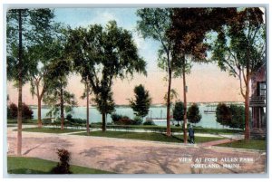 1916 View Fort Allen Park Trees Road Street River Lake Portland Maine Postcard 