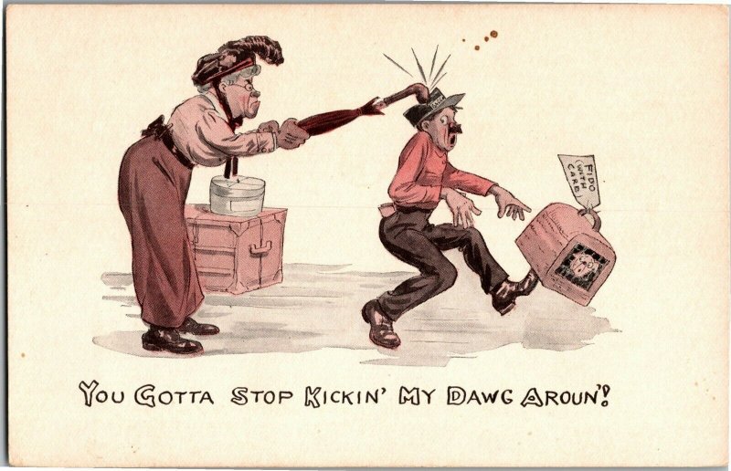 Woman Hits Man with Umbrella, Stop Kickin My Dawg Aroun Vintage Postcard D43