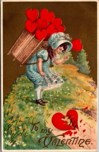 Vtg To My Valentine Girl with Basket of Hearts Broken 1910s Embossed Postcard